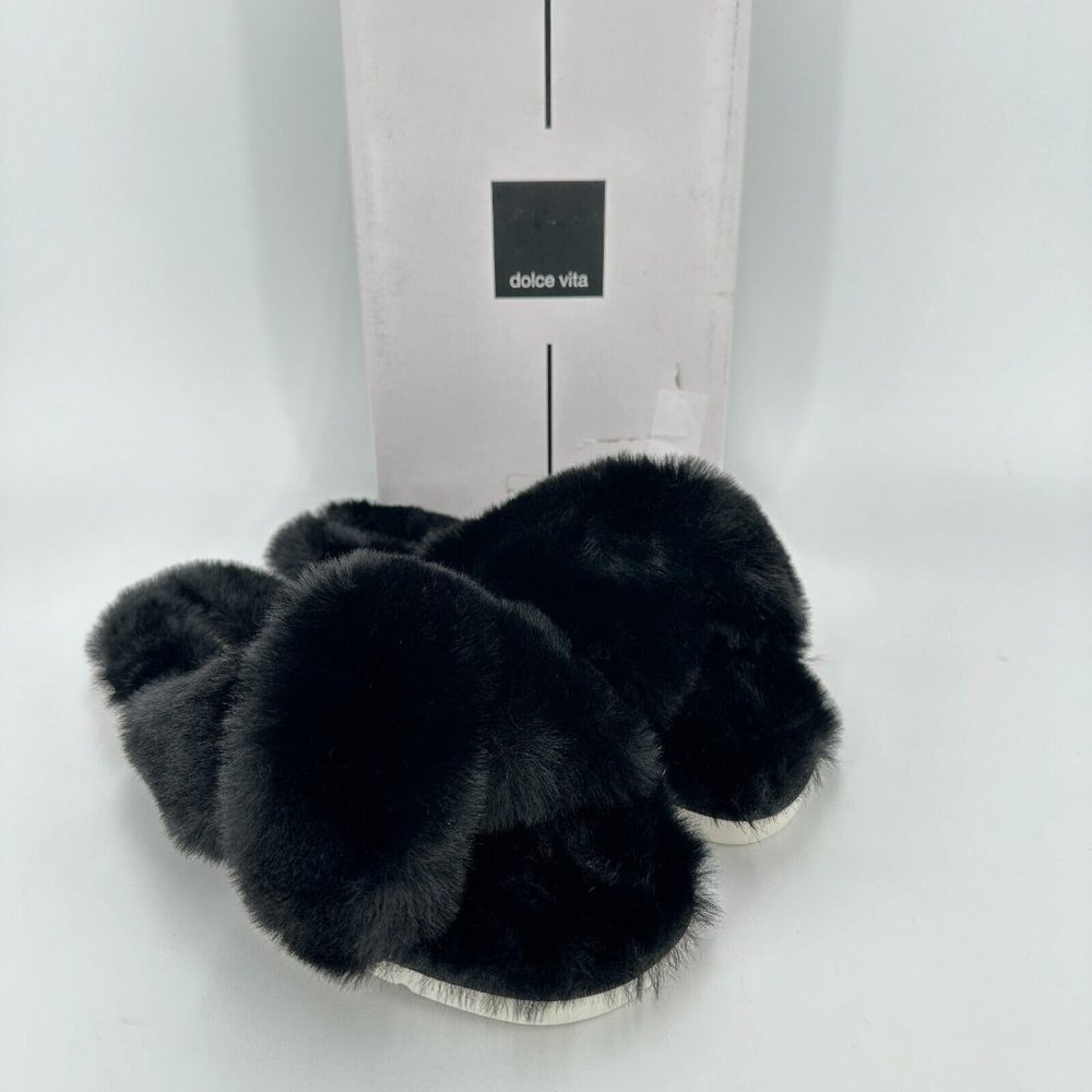 Dolce Vita Black Pillar Slippers size 9 Faux Fur Slide Criss-Cross Slip-on